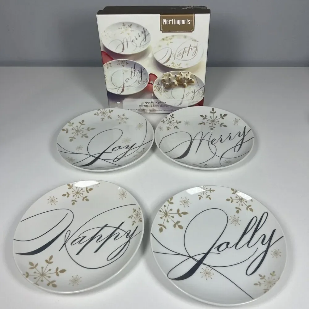 Pier 1 Holiday Wishes 4 Appetizer Plates In Box Gold Merry Happy Joy Jolly